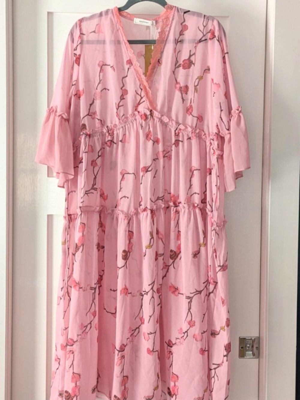 Nwt Soolinen Sheer Tiered Chiffon Midi Dress Pink Floral Dress L Coquette — image 2 of 8